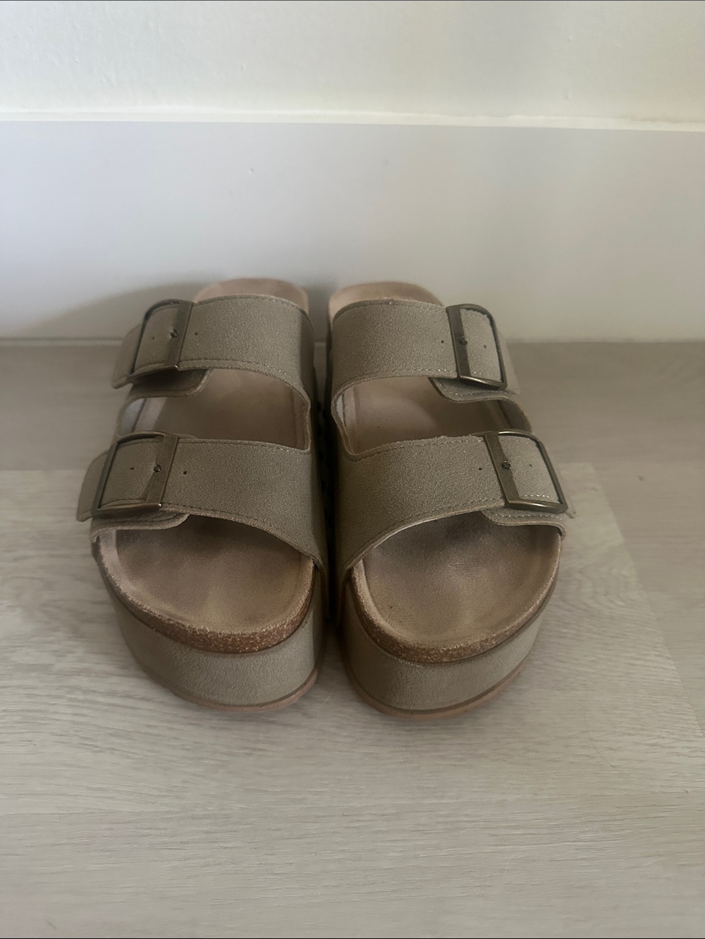 Woman Double Buckle Slide Sandals in Taupe
